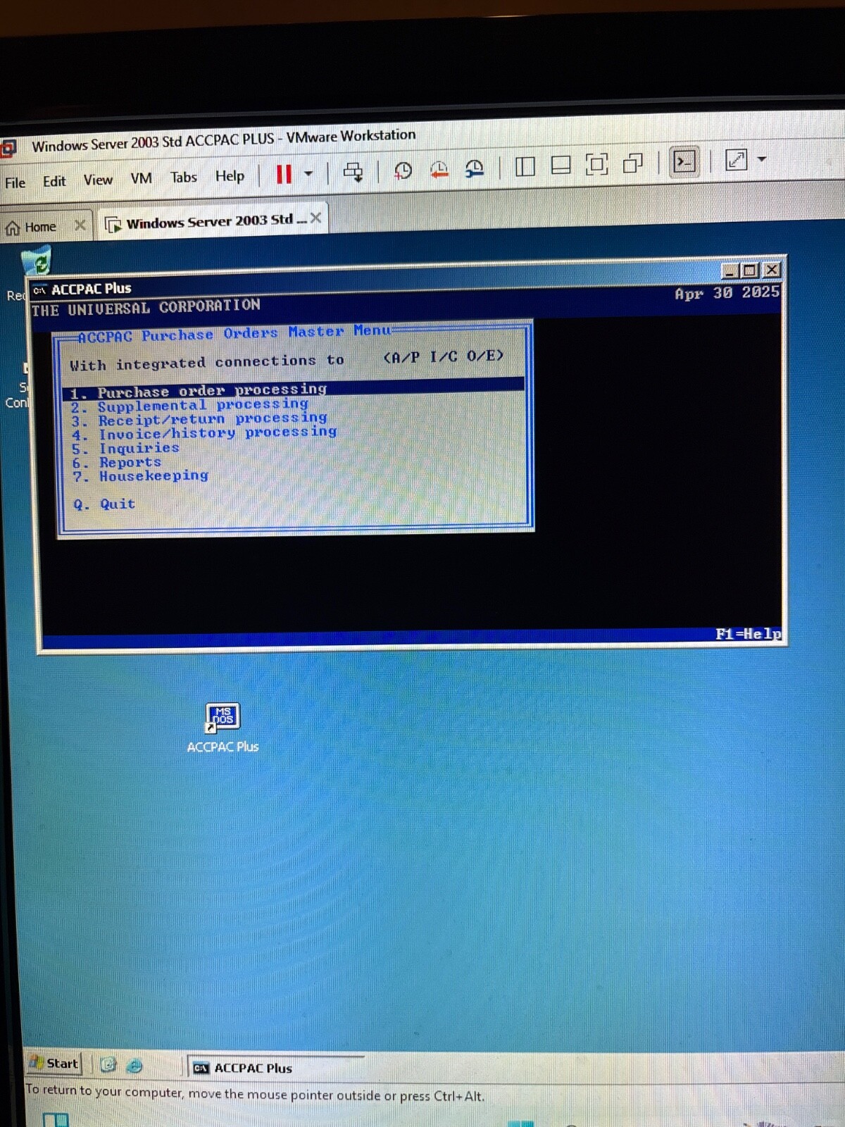 VM of functional unlocked Accpac Plus Accounting System. SM6.1 + modules