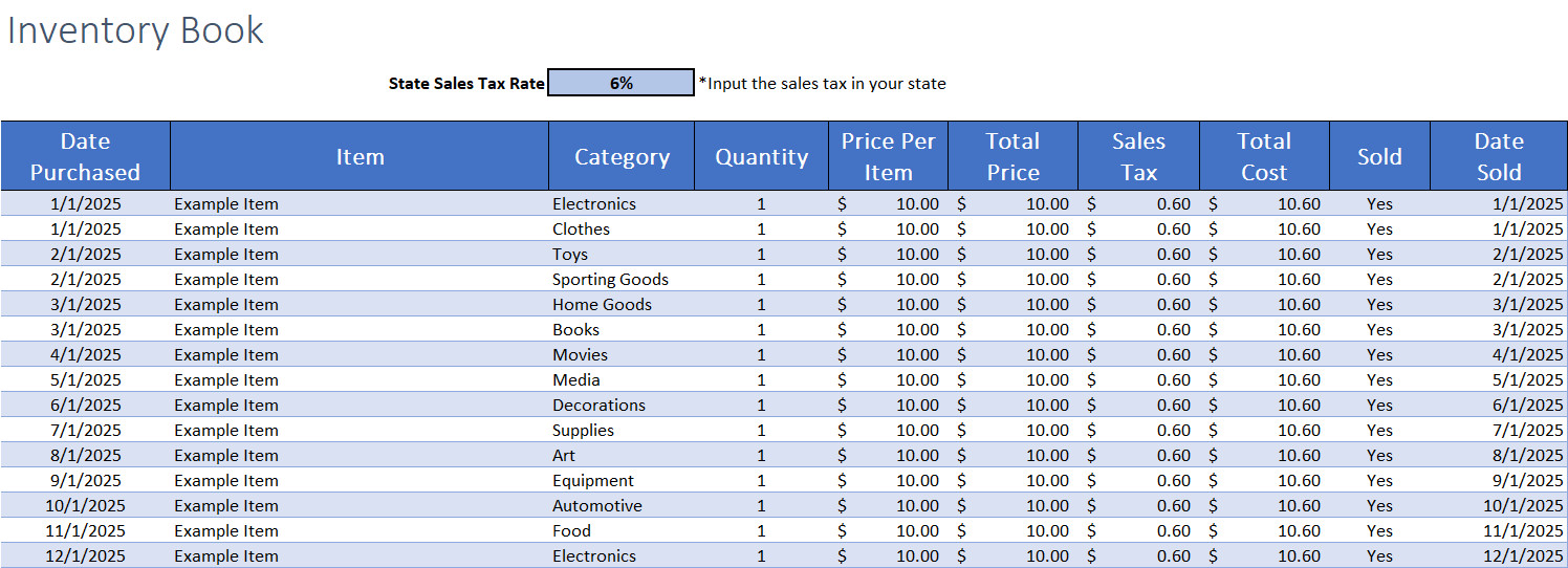 Sales Revenue & Expense Tracker Excel Spreadsheet w/ Inventory Log Tax Prep