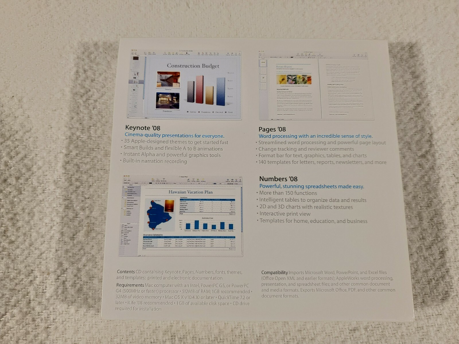 Apple iWork’ 08 Mac Office Software Suite Keynote/Pages/Numbers