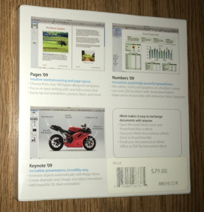 APPLE iWORK V.9.0.3 MB942Z/A NIB PAGES NUMBERS KEYNOTE NEW (SMALL TEAR IN CELLO)