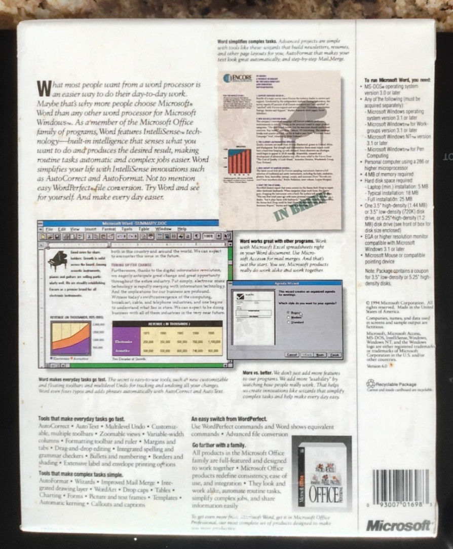 Microsoft Office Word Version 6.0 Retail Package NEW sealed 3.5″ floppy discs