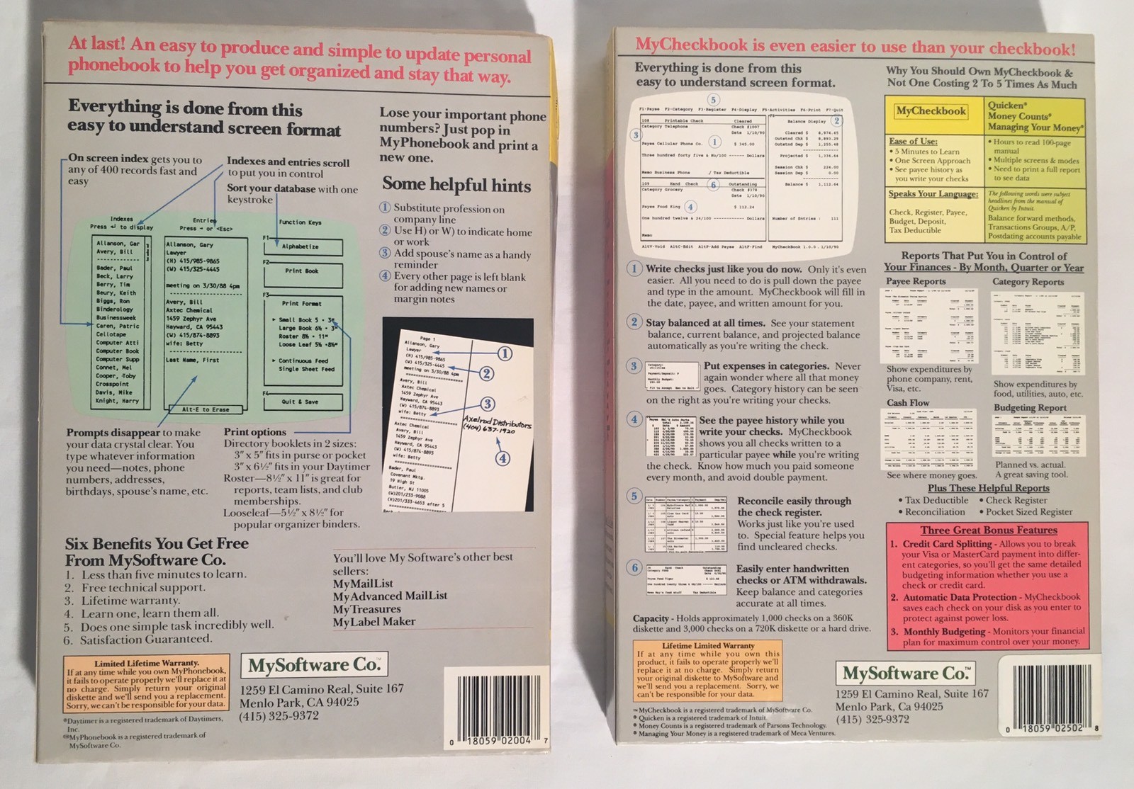 Lot Of (2) MySoftware Co. VINTAGE SOFTWARE In Box MyPhoneBook MyCheckBook 5.25″
