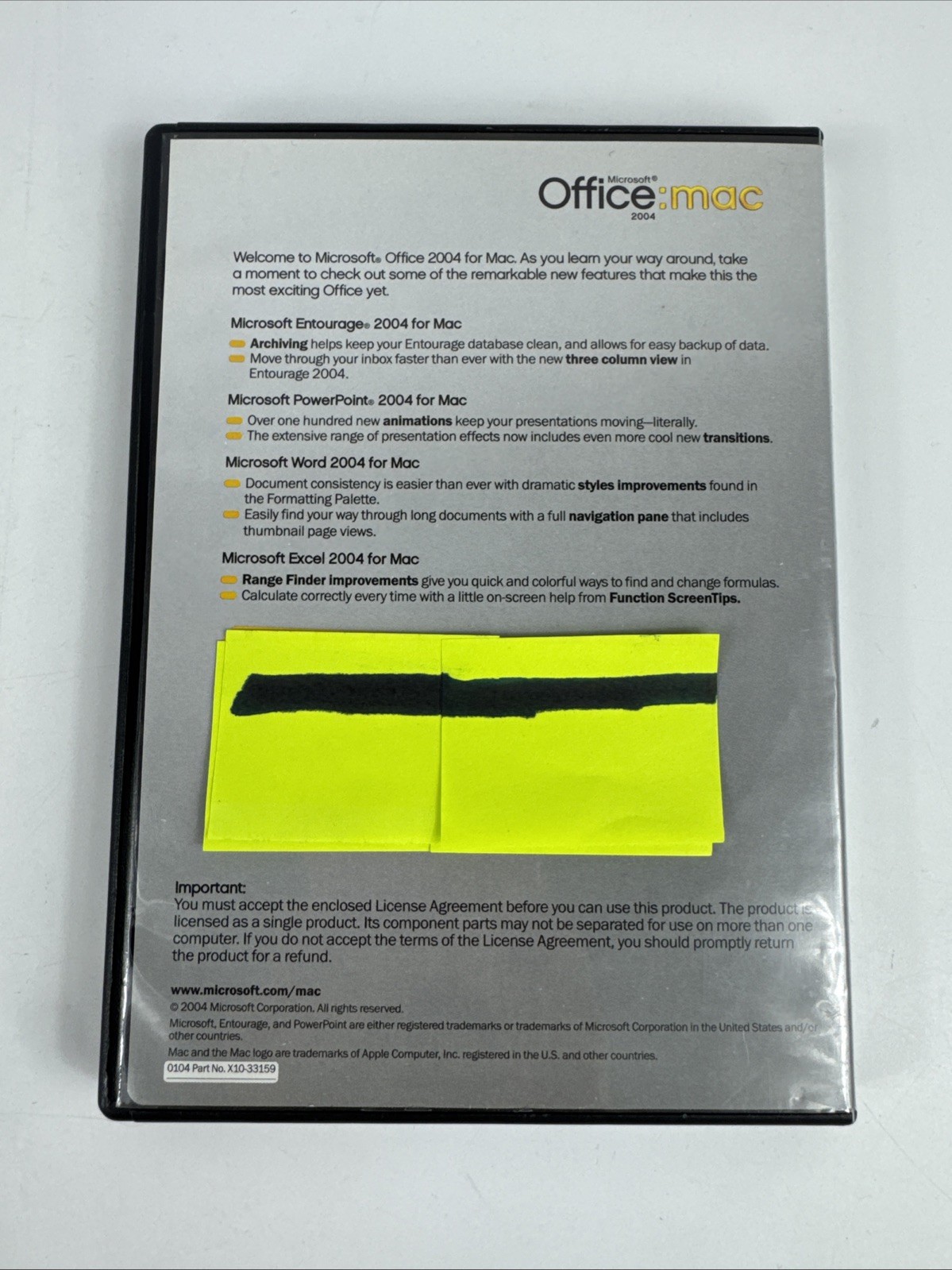 Microsoft Office Mac 2004 Disc w/ Key, Manual and Case X10-33159