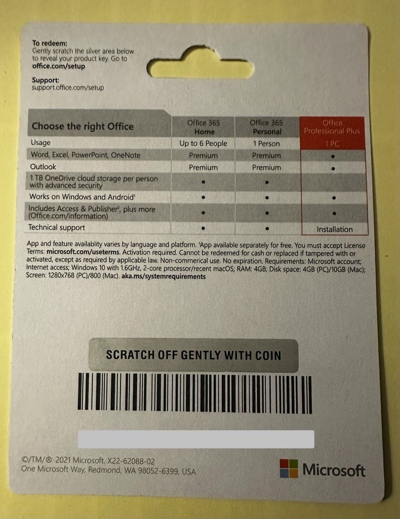 Microsoft Office Professional Plus 2021 Retail 1PC Product Card Sealed Microsoft