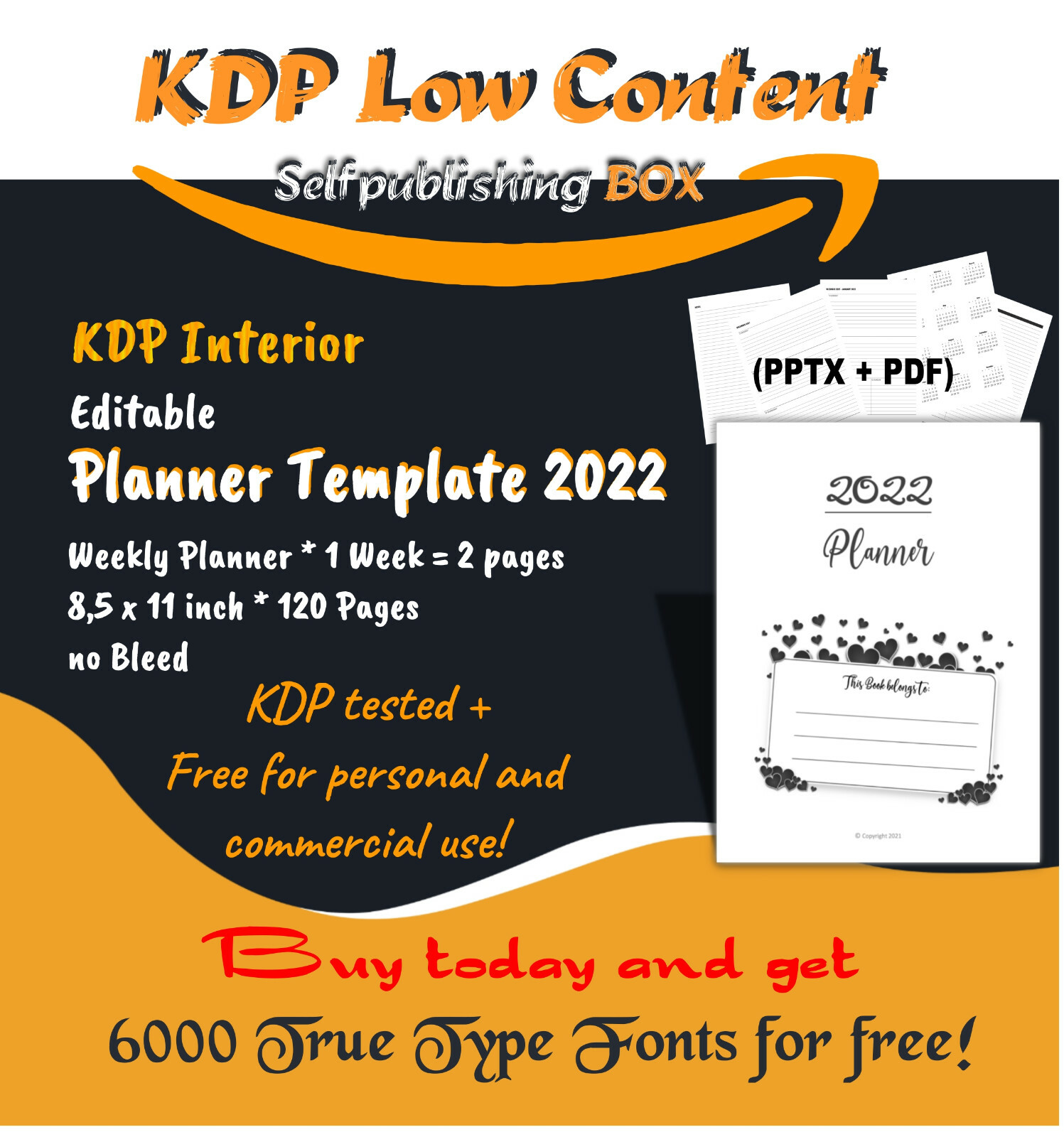Low Content Self Publishing KDP Planner Template PowerPoint pptx + 6000 TTF Fonts
