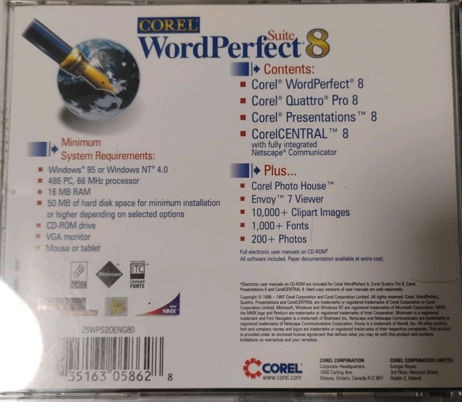 Corel WordPerfect Suite 8 PC Windows 95/Nt 4.0 CD-ROM 1997