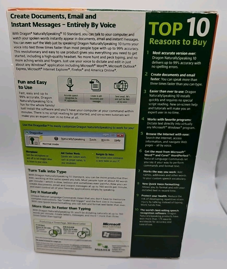 Nuance Dragon Naturally Speaking 10 Speech Recognition Software & Microphone New