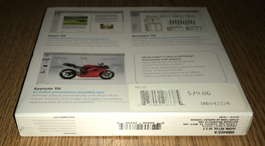 APPLE iWORK V.9.0.3 MB942Z/A NIB PAGES NUMBERS KEYNOTE NEW (SMALL TEAR IN CELLO)