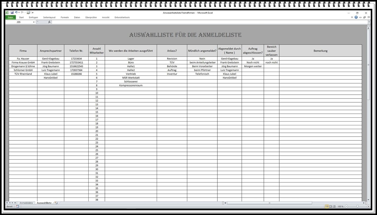 Anwesenheit am Arbeitsplatz feststellen erfassen Anwesenheitsliste App Excel