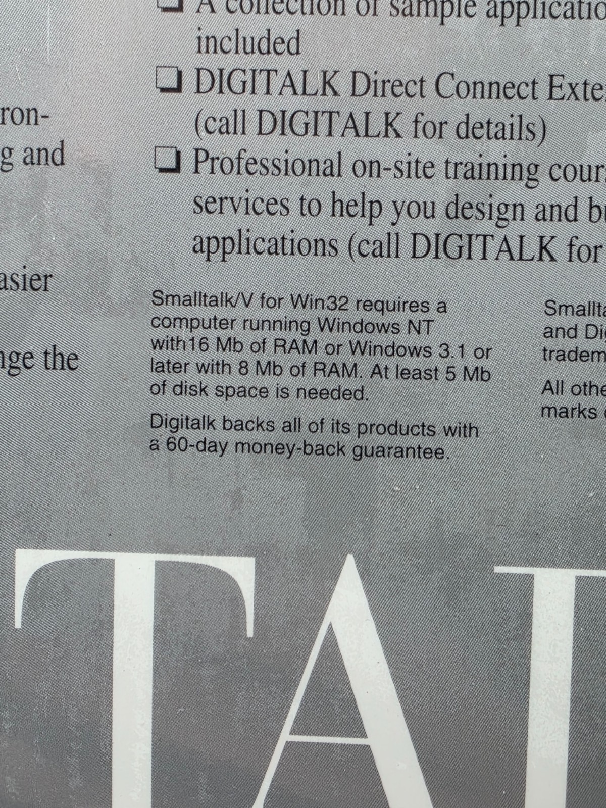 Digitalk Smalltalk/V 2.0 Win32 Sealed Vintage Software Windows NT Windows 3.1
