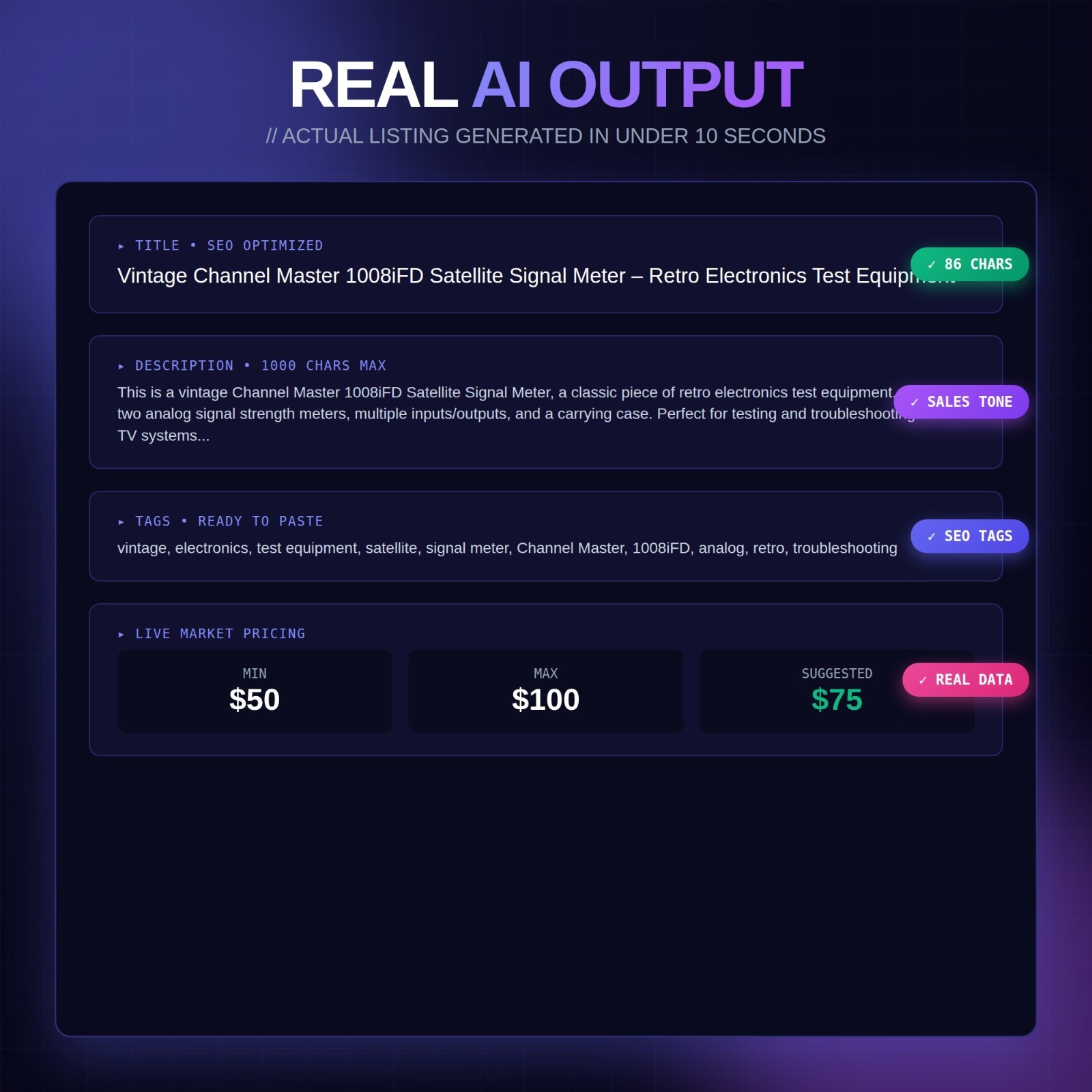 AI Listing Time Saver Generator for eBay and Etsy Sellers – Titles, Descriptions