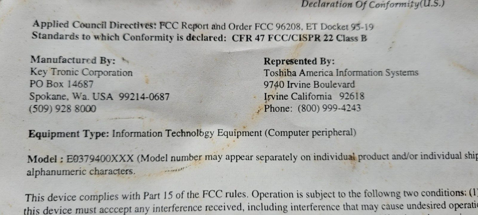 Toshiba Information Technology Equipment Internet Computer Key Tronic PMD-00011