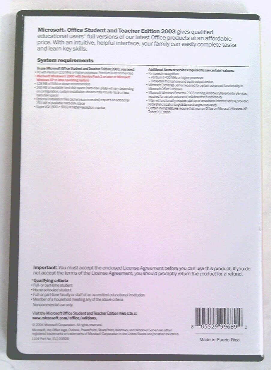 ✅ Microsoft Office~Student and Teacher Edition~2003