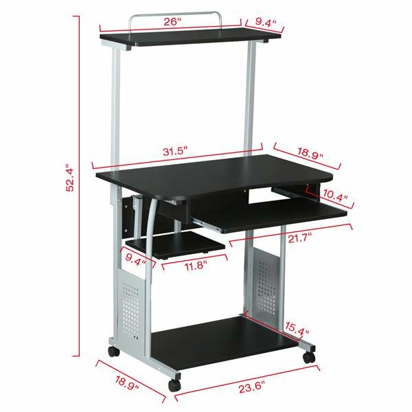 2 Tier Rolling Computer Desk w/Printer Shelf Keyboard Tray Black Home Office