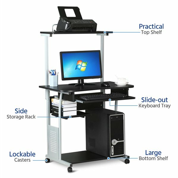 2 Tier Rolling Computer Desk w/Printer Shelf Keyboard Tray Black Home Office