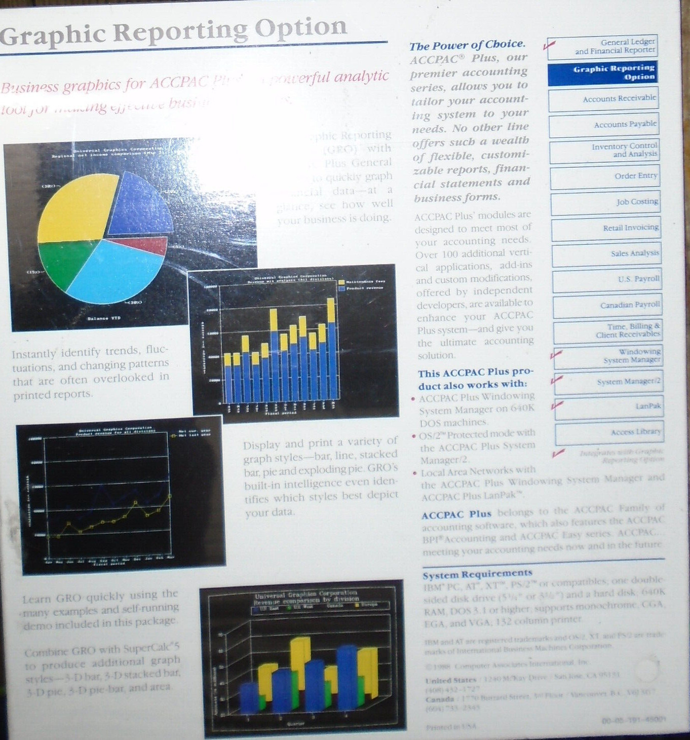 ACCPAC Plus by Computer Associates – GL, AR, AP, Payroll, Graphics… 1988 NEW
