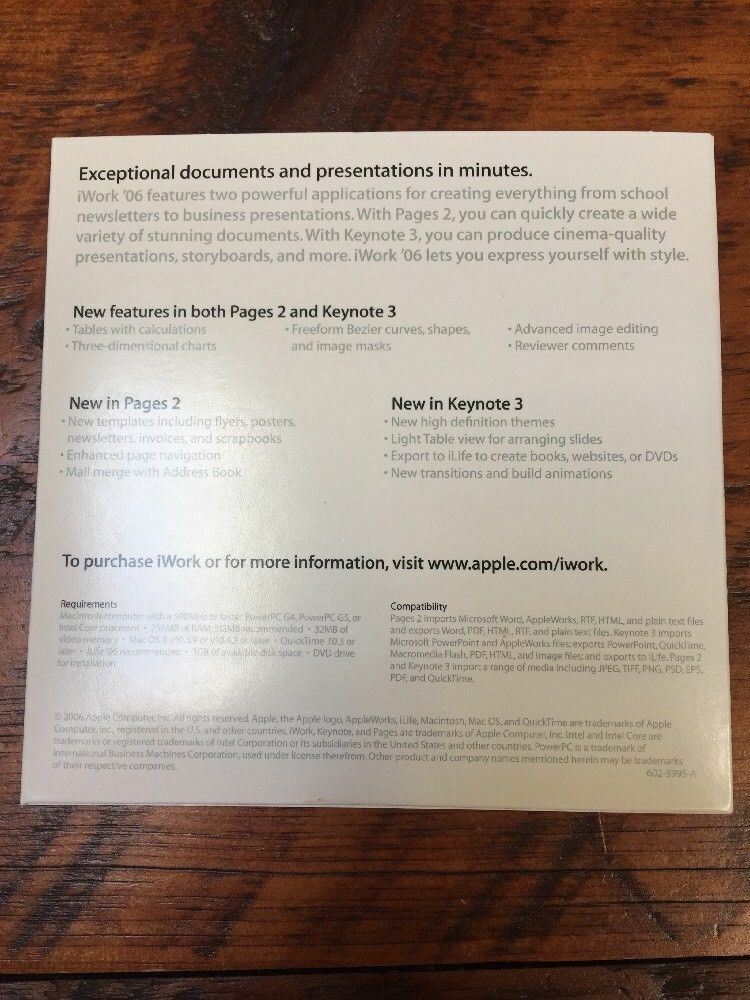 Macintosh iWork 06 v2.0.1 Pages Keynote Mac Install Software Disc DVD 2006