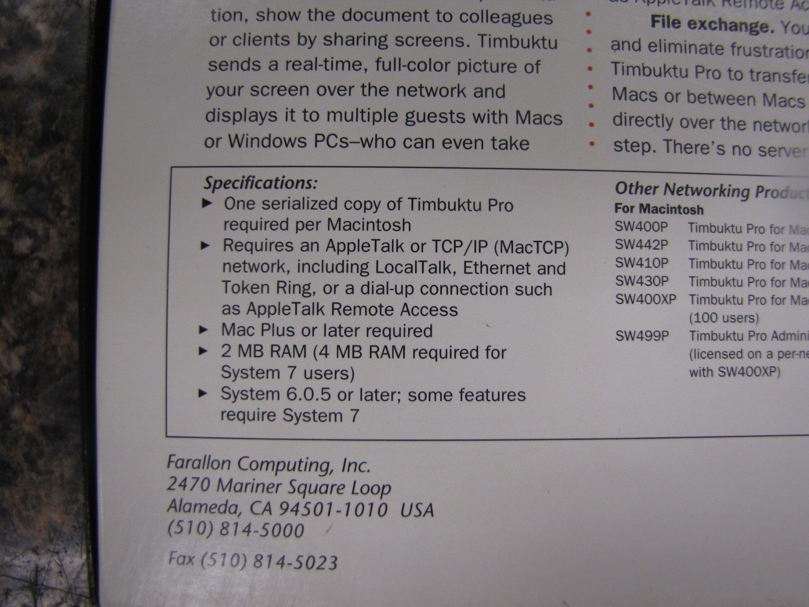 RARE – Farallon Timbuktu Pro 1992 Complete in Big Box Book & 2x 3.5″ Disks -HN10