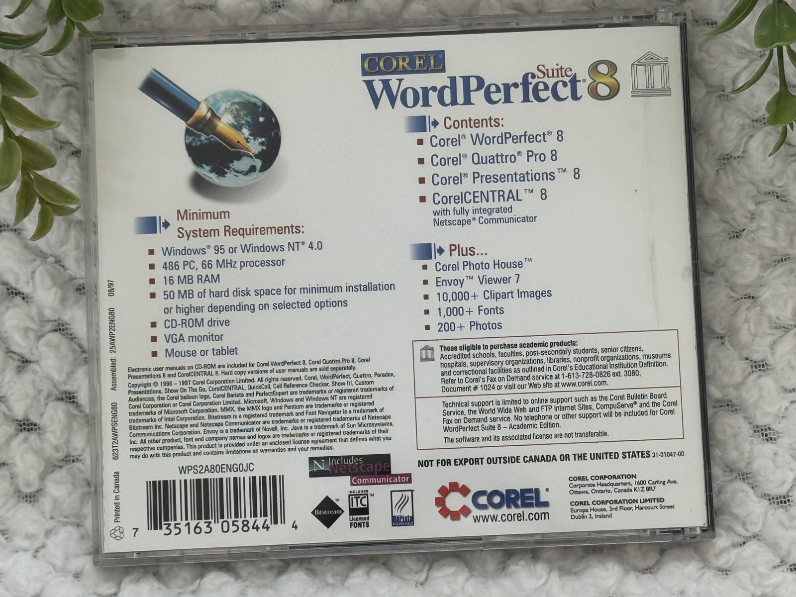 Corel WordPerfect Suite 8 CD Complete Windows 95 NT Academic Vintage Software
