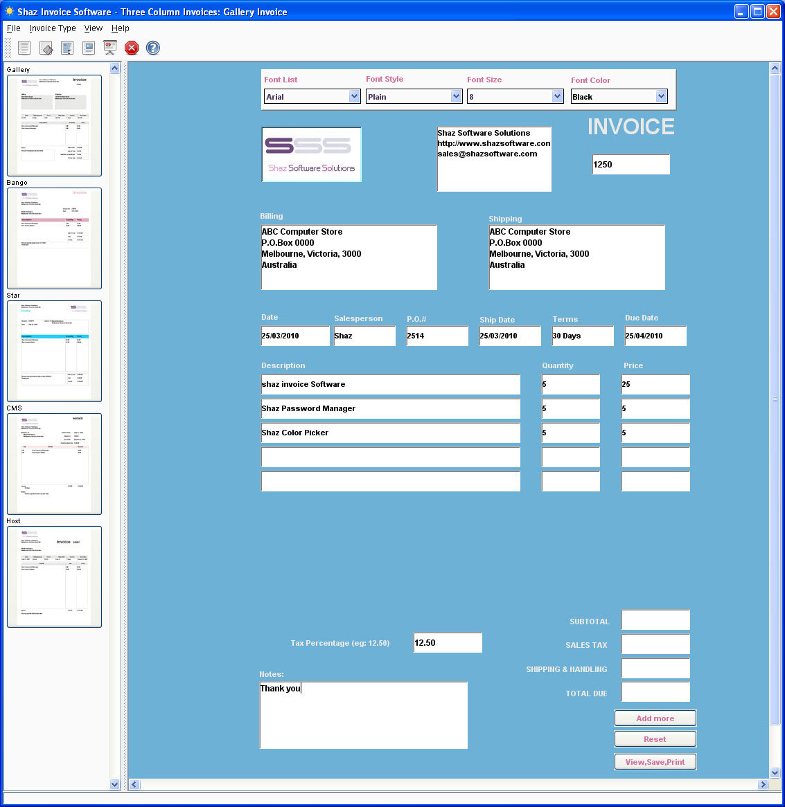 Shaz Invoice Software Business System Billing Generator Maker Creator AT SOFT01