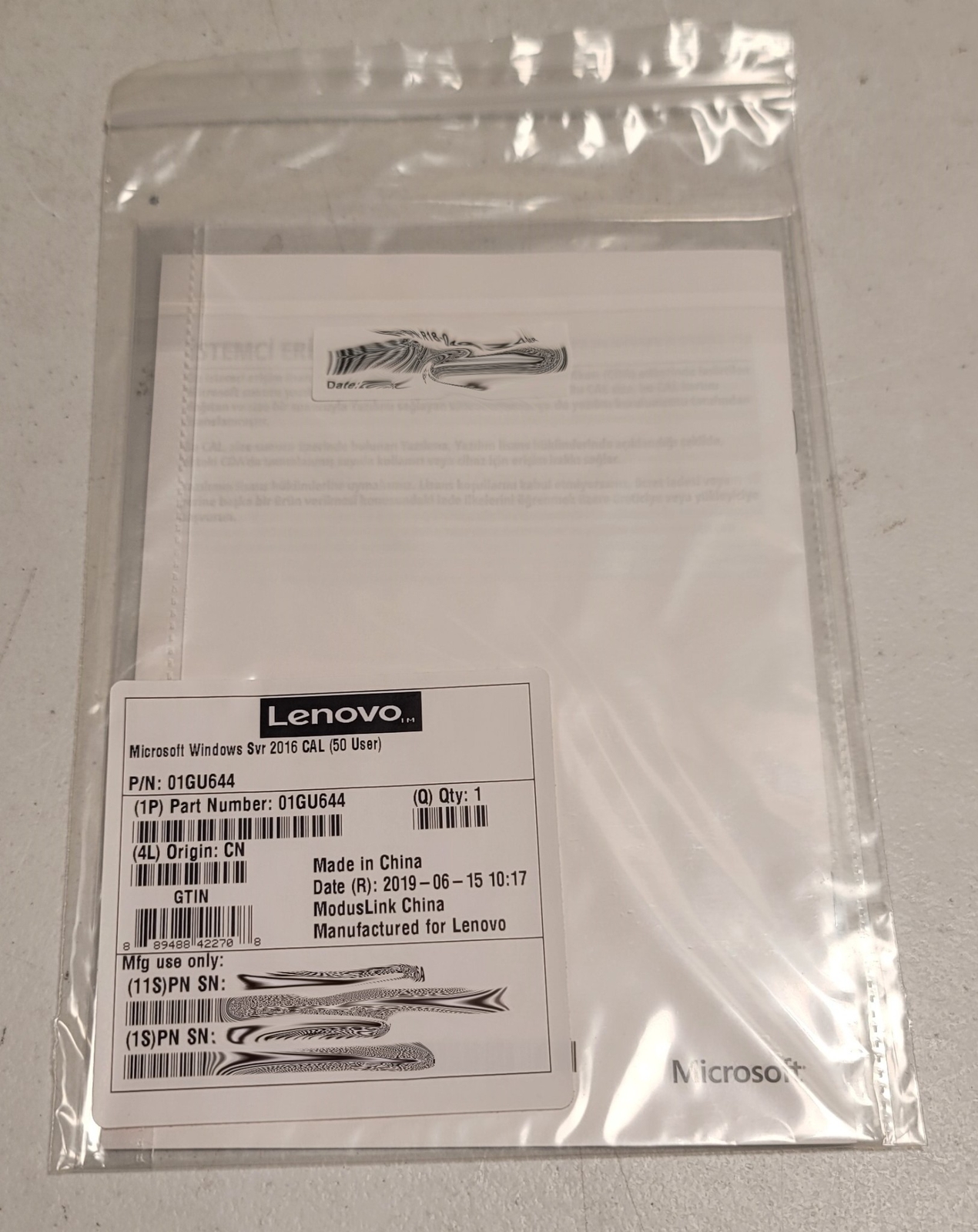 Lenovo 01GU644 Microsoft Windows Server 2016 Client Access License (50 user) F/S