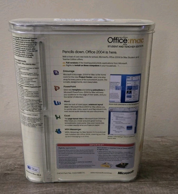 Microsoft Office: Mac 2004 Student & Teacher Edition 3 Keys – New Open Box