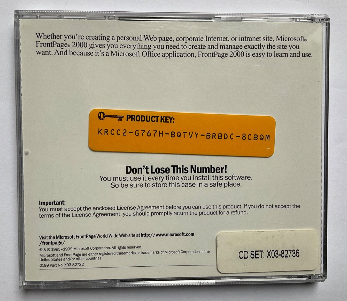 Microsoft FrontPage 2000 CD-ROM w/ Product Key | Two CD Set