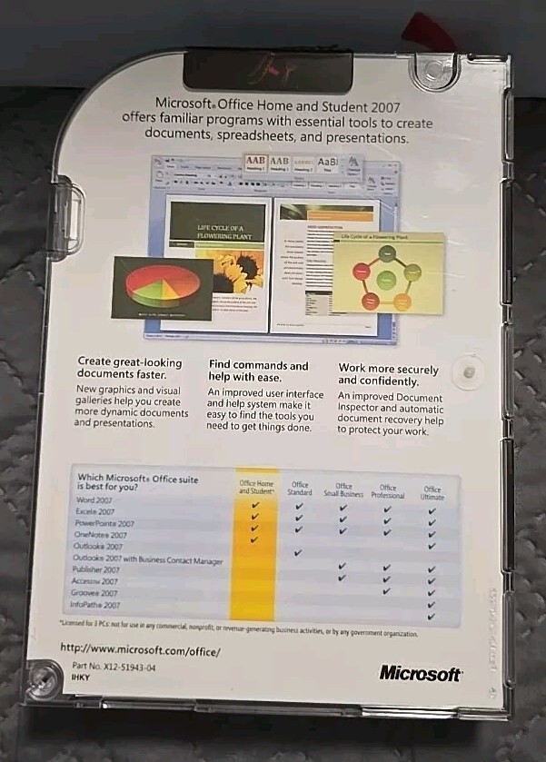Genuine Microsoft Office Home and Student 2007 w/ Product Key No Disc As Seen