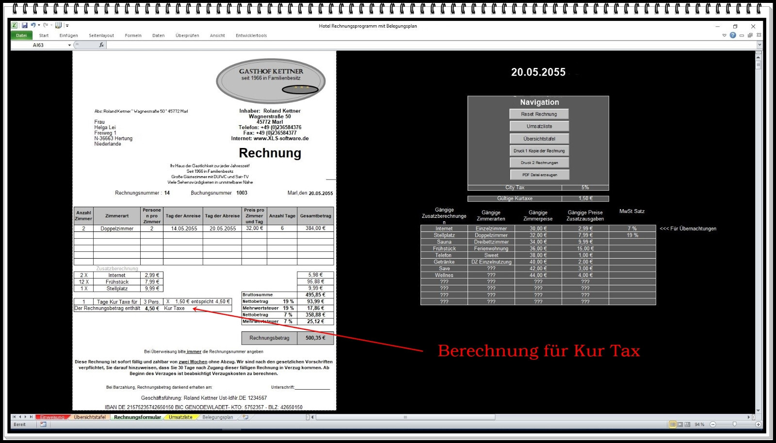 Belegungskalender digital mit Rechnungsprogramm Ferienwohnungen Hotel FeWo Excel