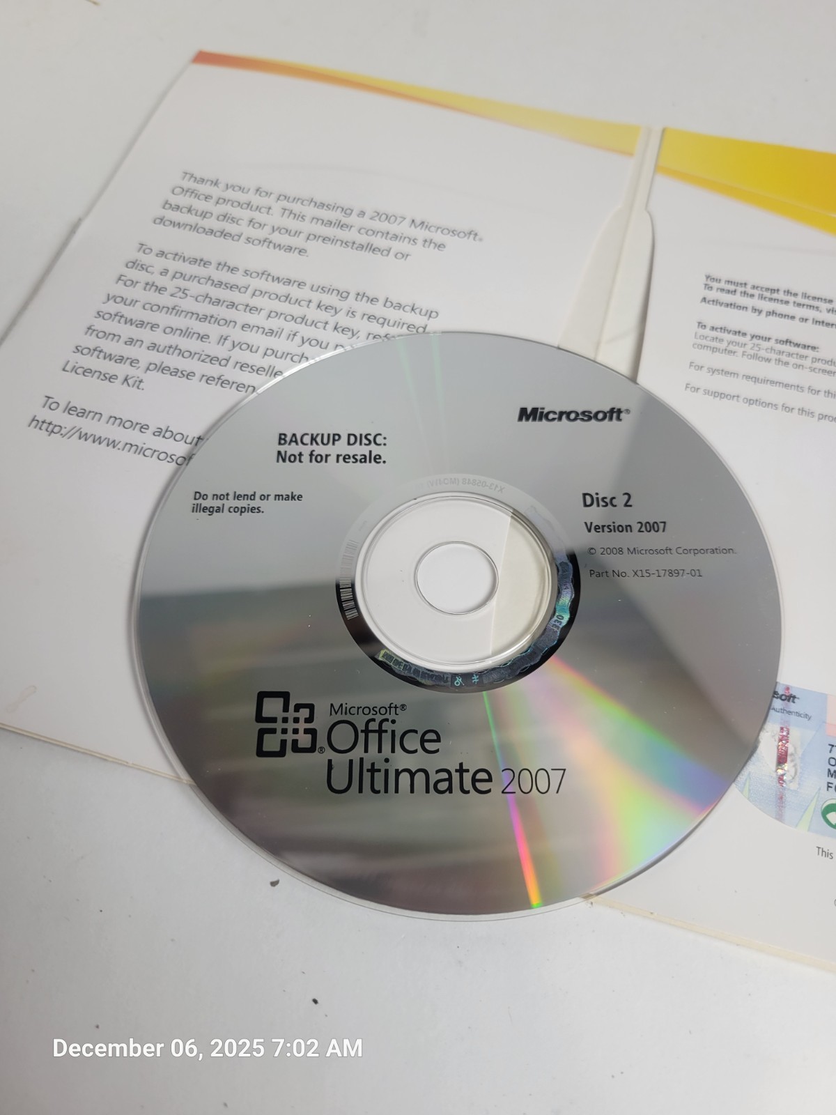 Microsoft Office Ultimate 2007 Genuine Backup Discs + Original Mailer & COA