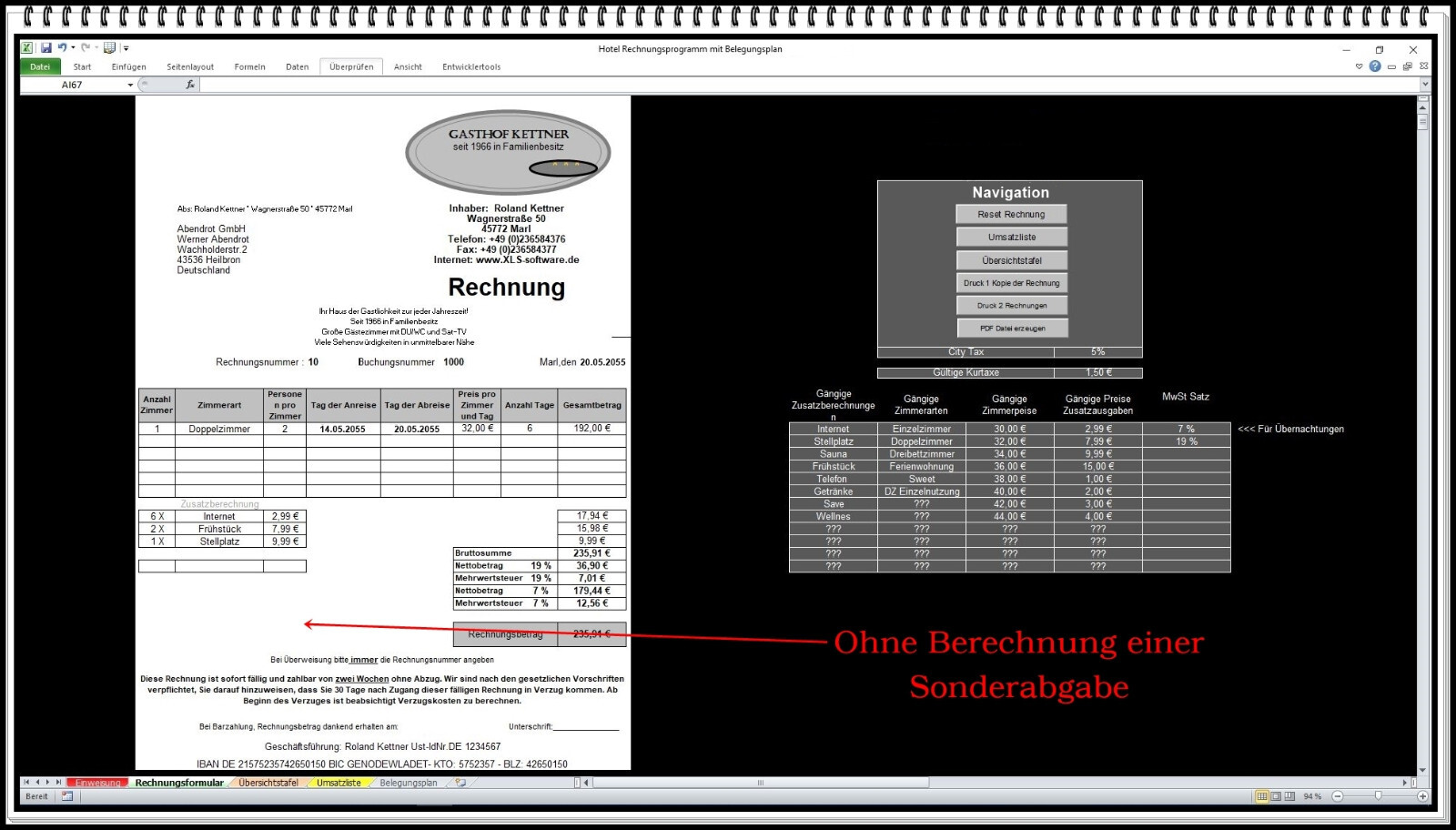 Belegungskalender digital mit Rechnungsprogramm Ferienwohnungen Hotel FeWo Excel