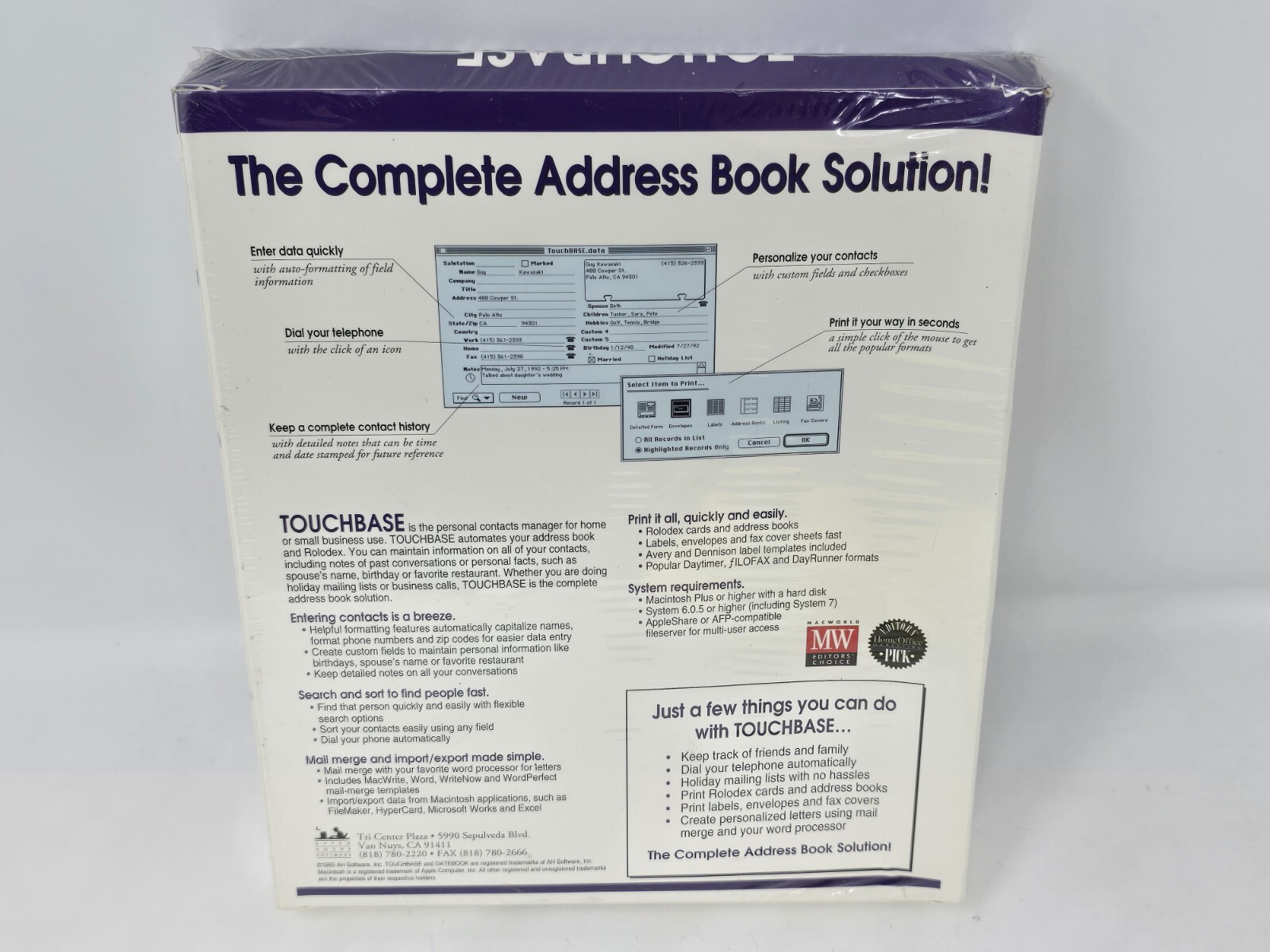 Vintage 1993 TOUCHBASE ver. 2.0.1ac for Macintosh Mac OS, 3.5″ DS/DD – NEW