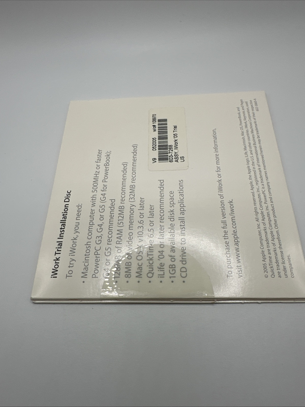 Apple iWork ’05 Trial Version CD-ROM Package 603-7268-C