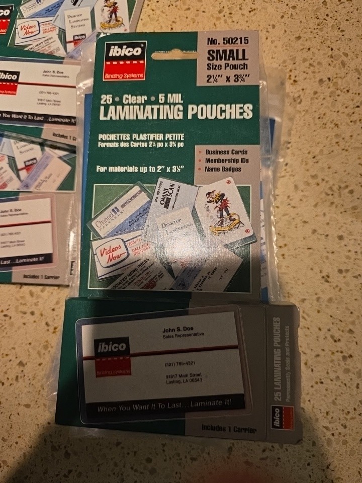 Ibico Laminating Pouches 2 Varities SMALL business Card Size