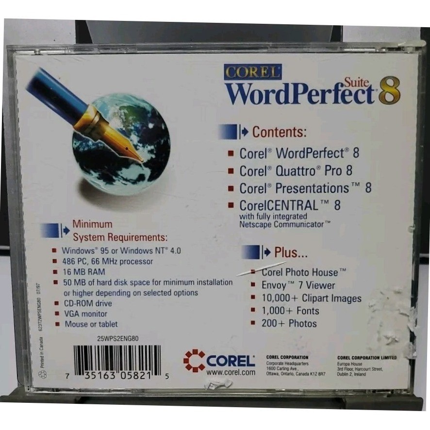VINTAGE Corel WordPerfect Suite 8 PC Software Windows 95 NT CD ROM With SN