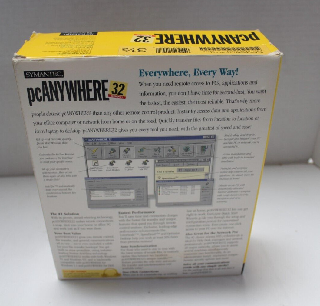 Vintage SYMANTEC PC ANYWHERE 32 Version 7.5 Windows 95 NT 3.1 DOS