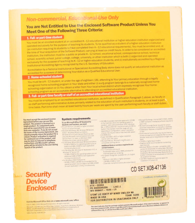 Microsoft Office XP Standard for Students and Teachers v2002 for Windows w/Key