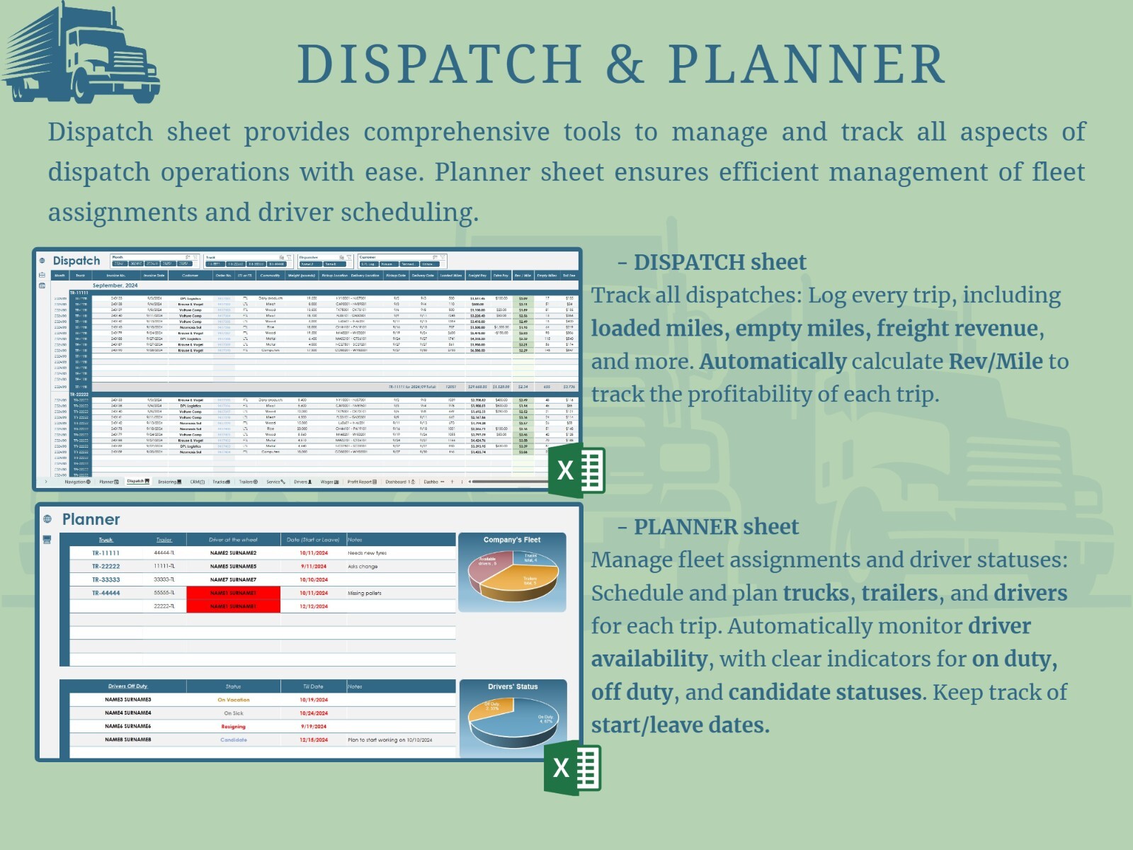 All-in-One Trucking Management Excel Workbook for Trucking Business, Dispatchers