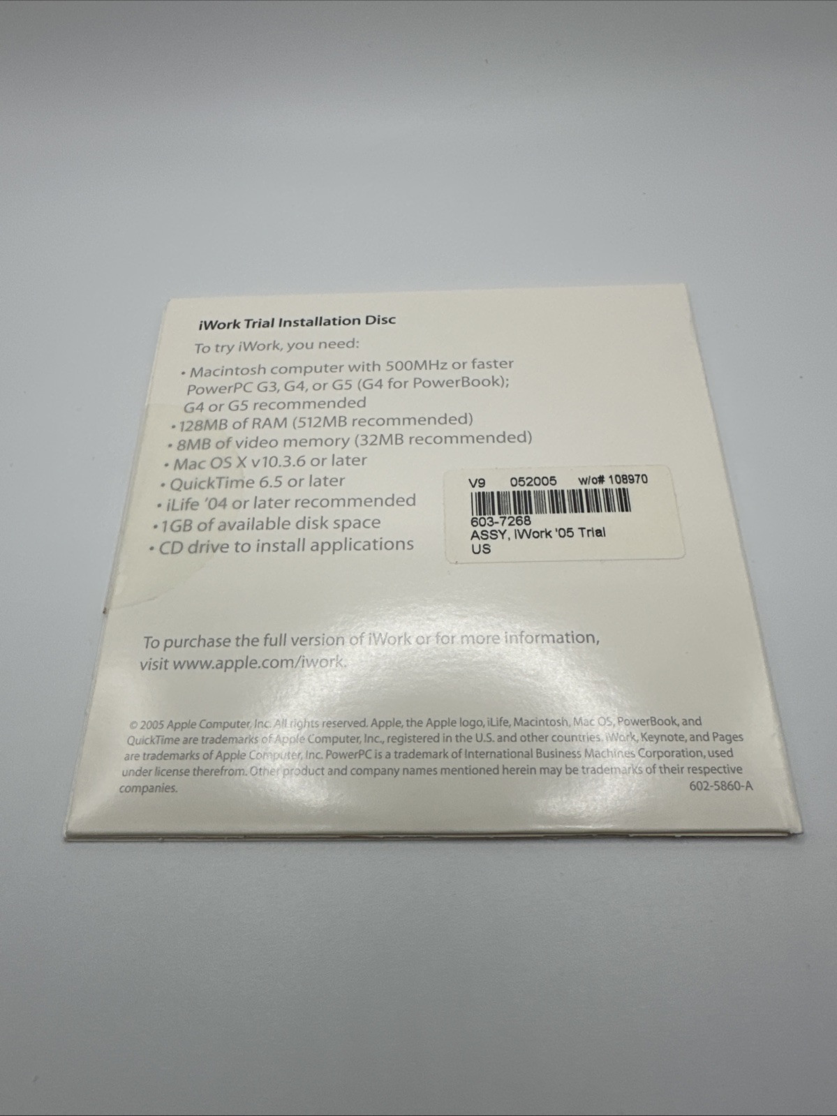 Apple iWork ’05 Trial Version CD-ROM Package 603-7268-C
