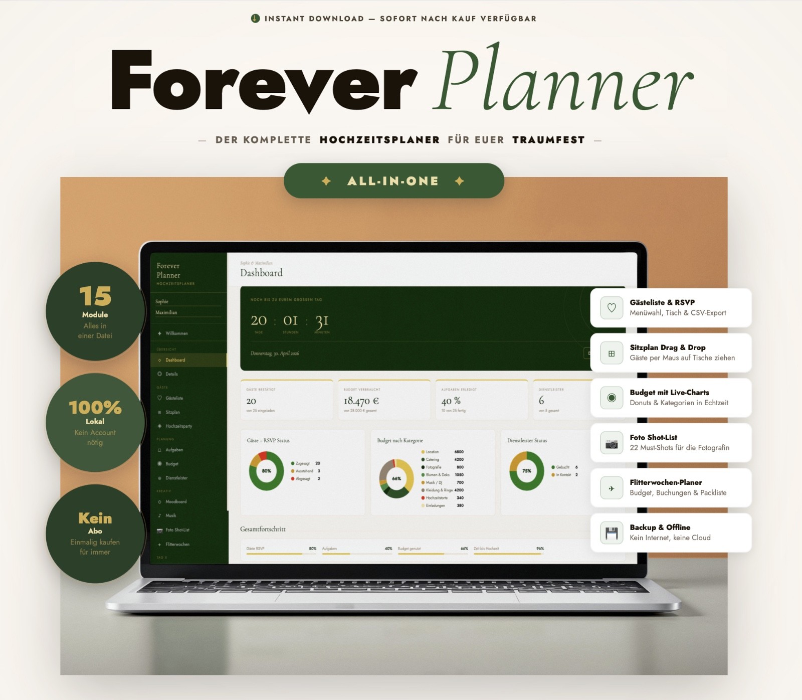 All-in-One Wedding Planner in English | Digital Planner | Countdown, Budget