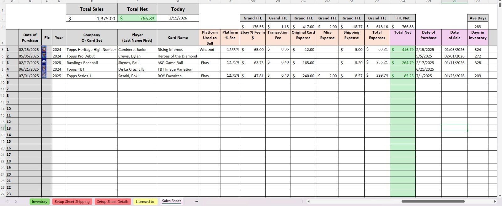 Baseball Card Inventory Tracker & P&L Spreadsheet (Digital) watch Tutorial Video