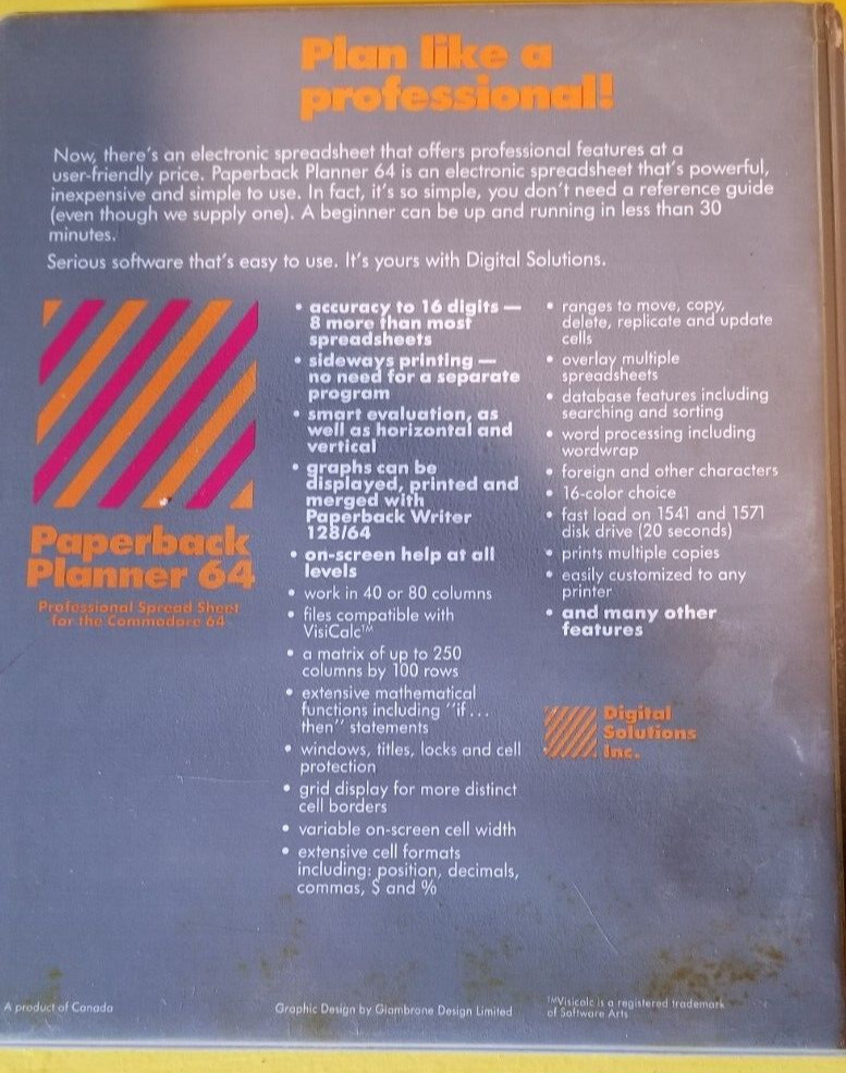 Paperback Planner 64, Professional Spread Sheet for the Commodore 64 and 128