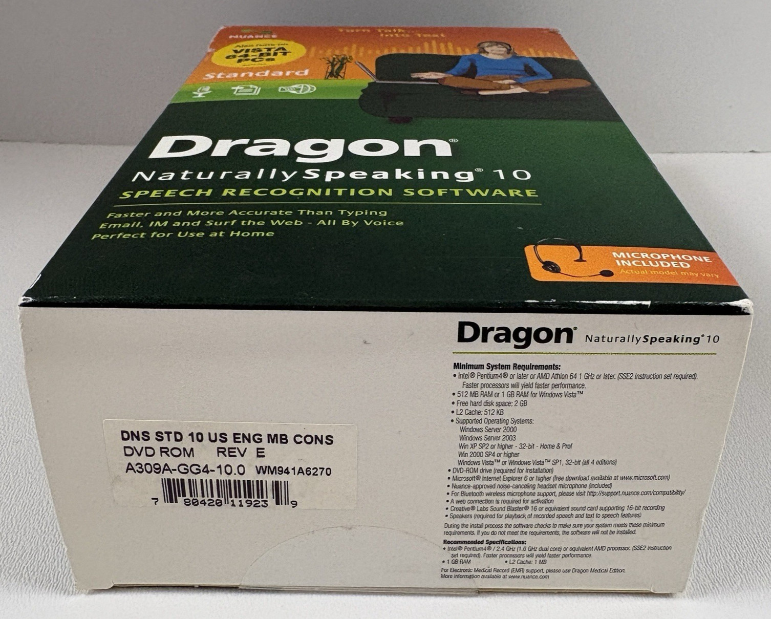 Nuance Dragon NaturallySpeaking 10 Speech Recognition Software Microphone DVD