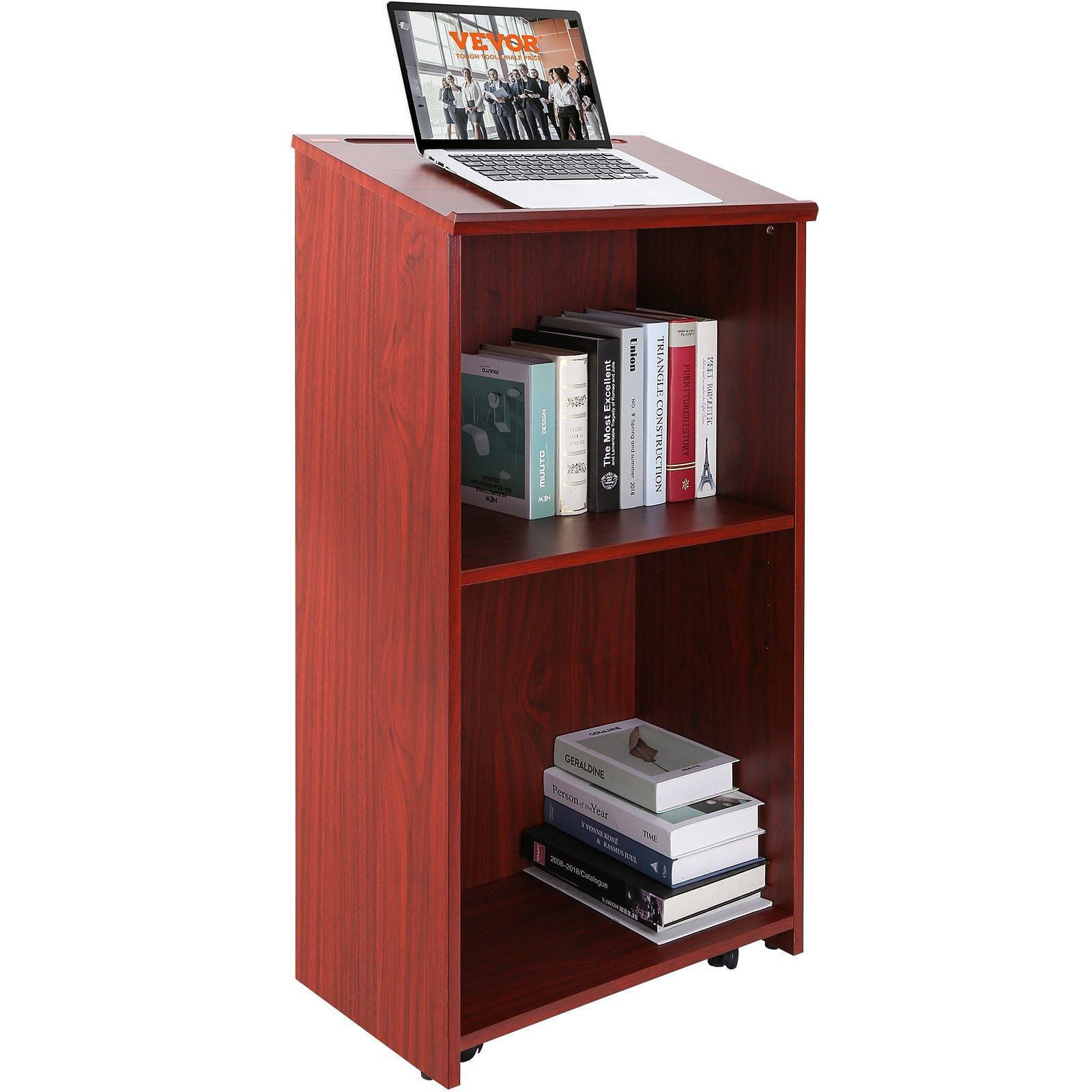 Podium Stand, 47 inch Hostess Stand with 4 Rolling Wheels, Wood Podium with Stor