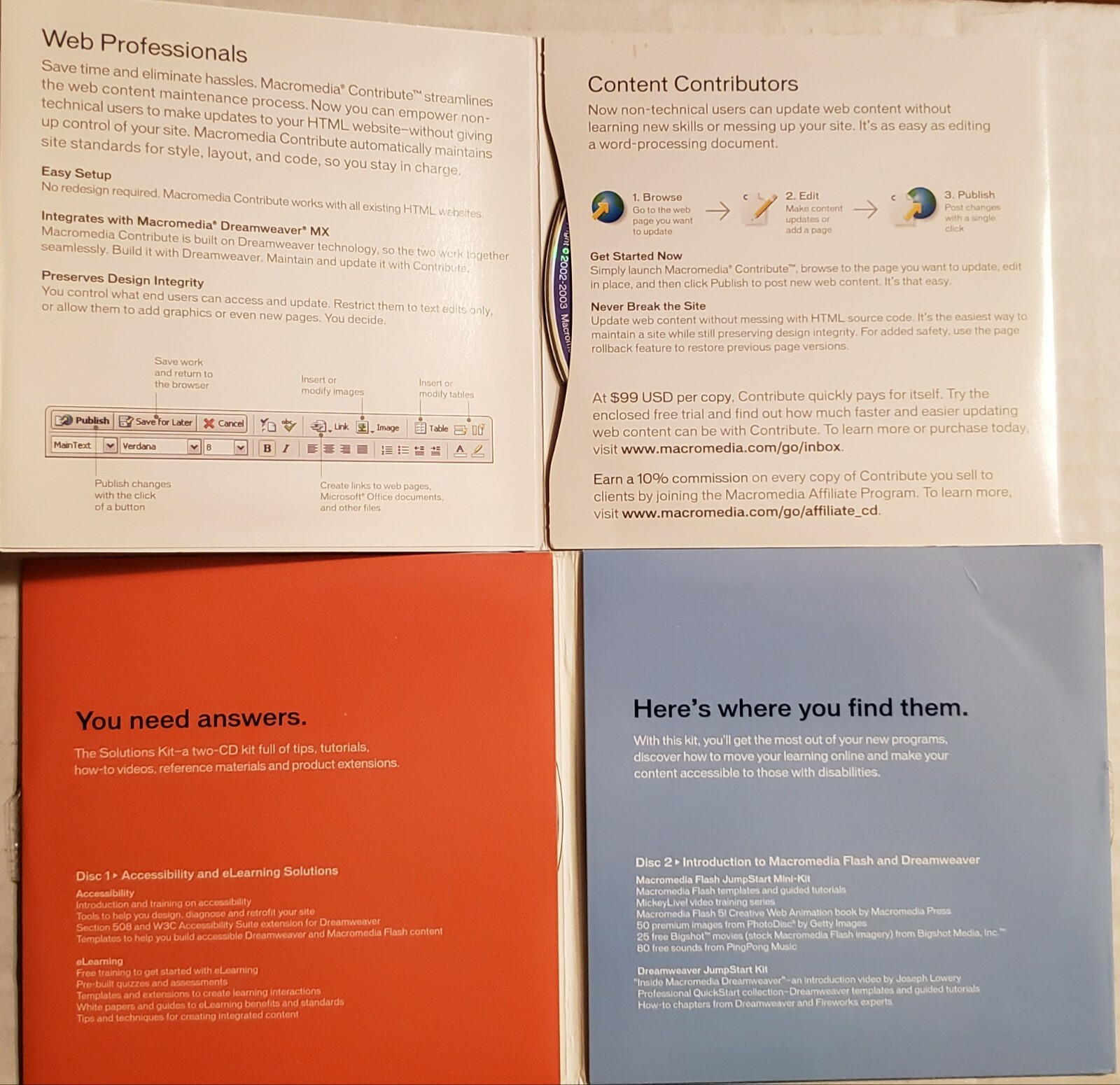 Macromedia Contribute 2 + Solutions Kit 2 Software Packs Preowned Disc Win/Mac