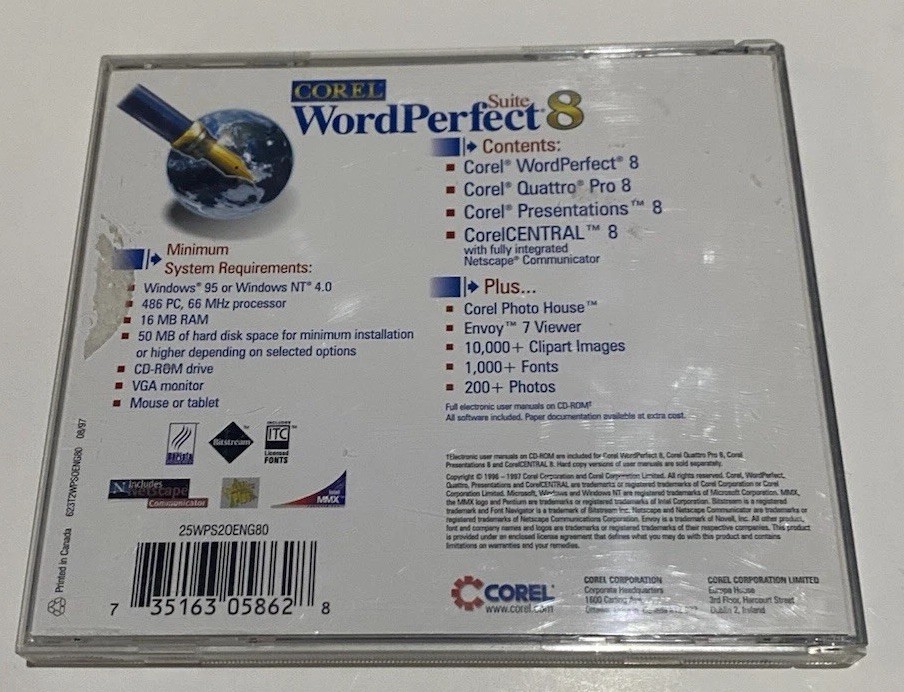 Corel Word Perfect Suite 8 CD For Windows (1997, PC Software) [COMPLETE]