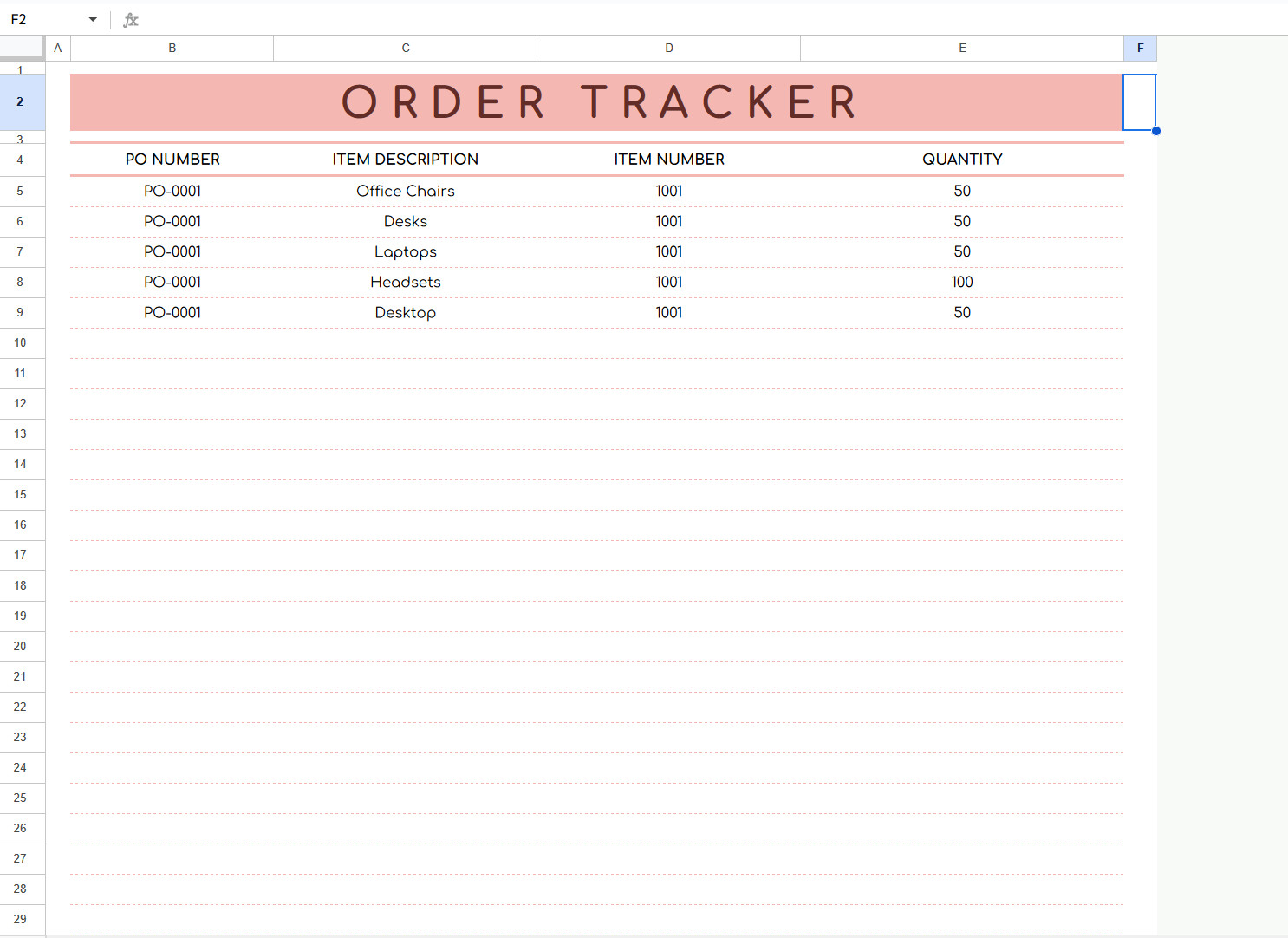 Business Purchase Order Template Excel/Google Sheets