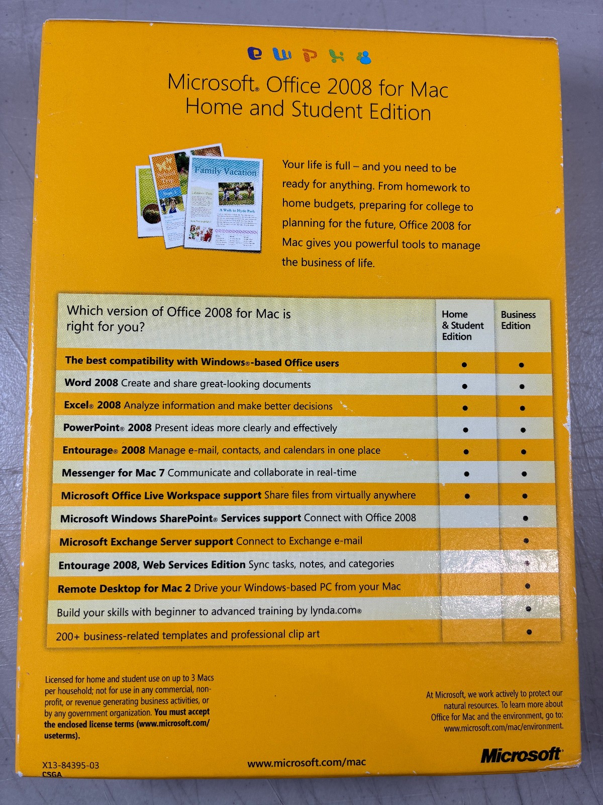 Microsoft Office MAC Home & Student Edition 2008 w/ Box Manual & 3x Product Keys