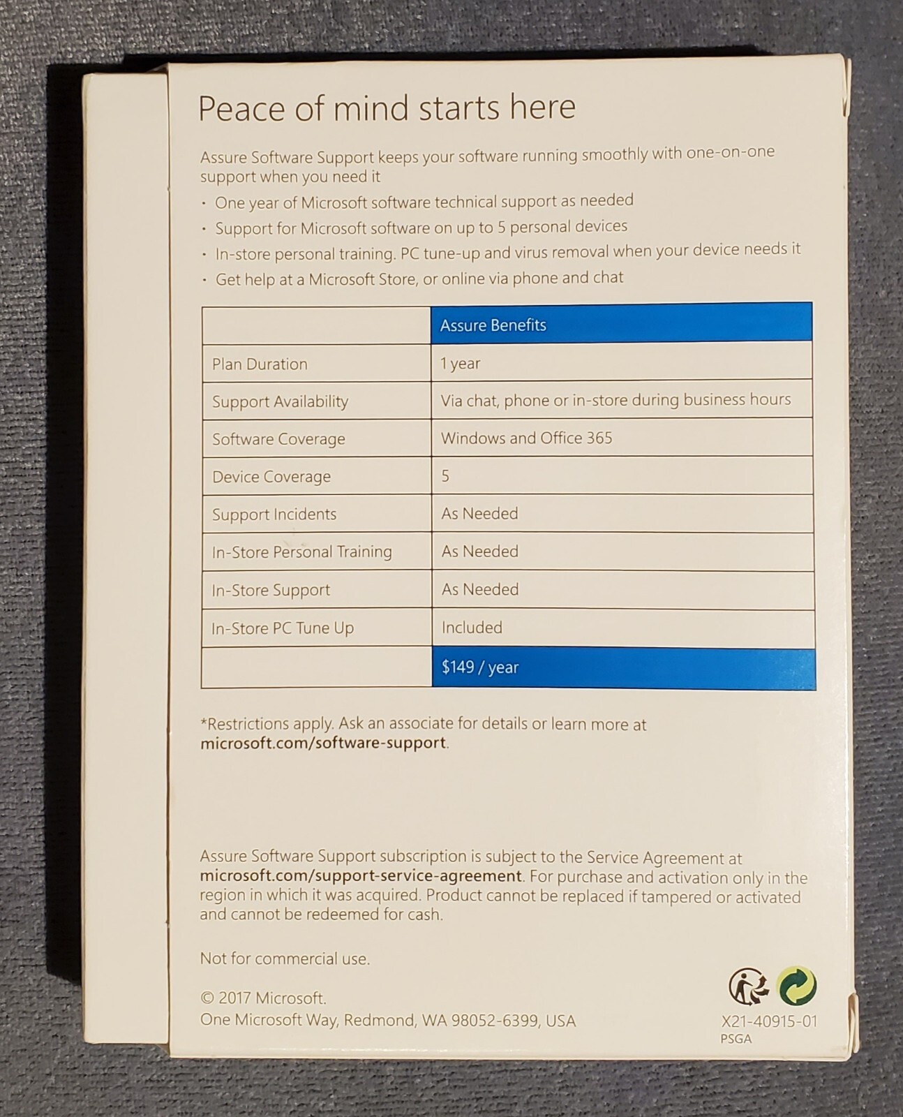 MICROSOFT ASSURE Software Support 1 Year One-on-One In Store Training Retail NEW