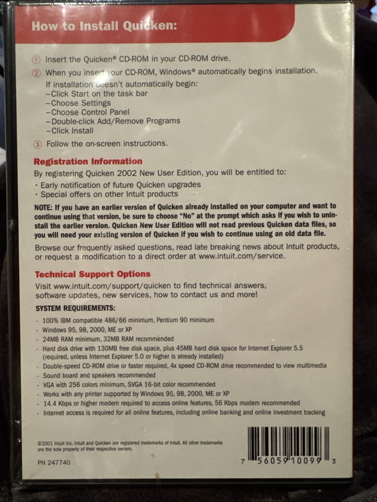 New Sealed Quicken 2002 New User Edition PC Home & Office PN 247740
